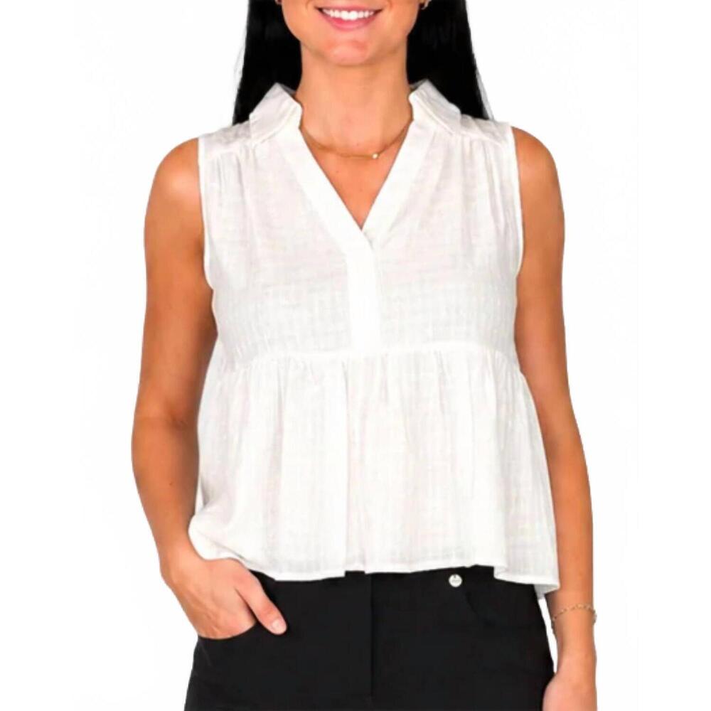 NEW DOE AND RAE textured cotton collared split v-neck sleeveless top in off whit